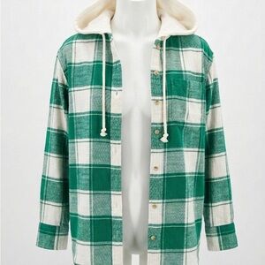 American Eagle Outfitters Green and White Oversized Flannel Plaid Shirt Jacket
